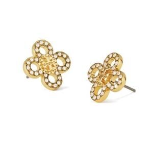 NEW Tory Burch Small Kira Pave Clover Stud Earrings Gold Plated Crystal Logo